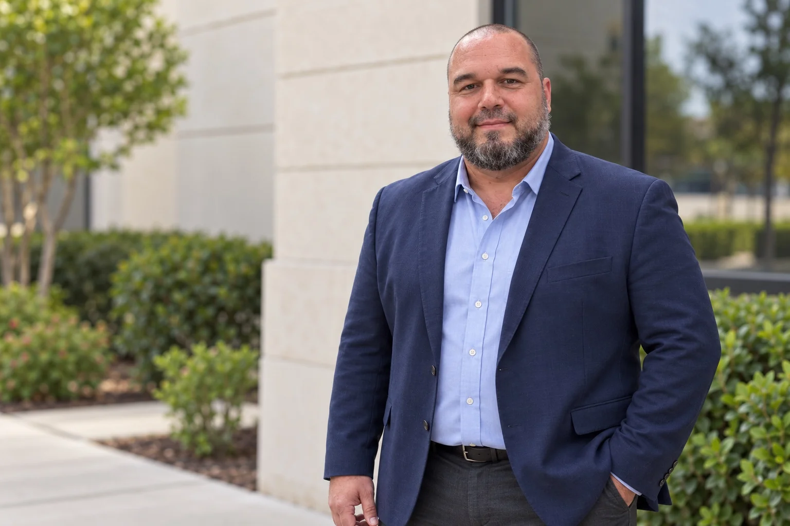 Andrew Youngker in a navy blazer outside his office