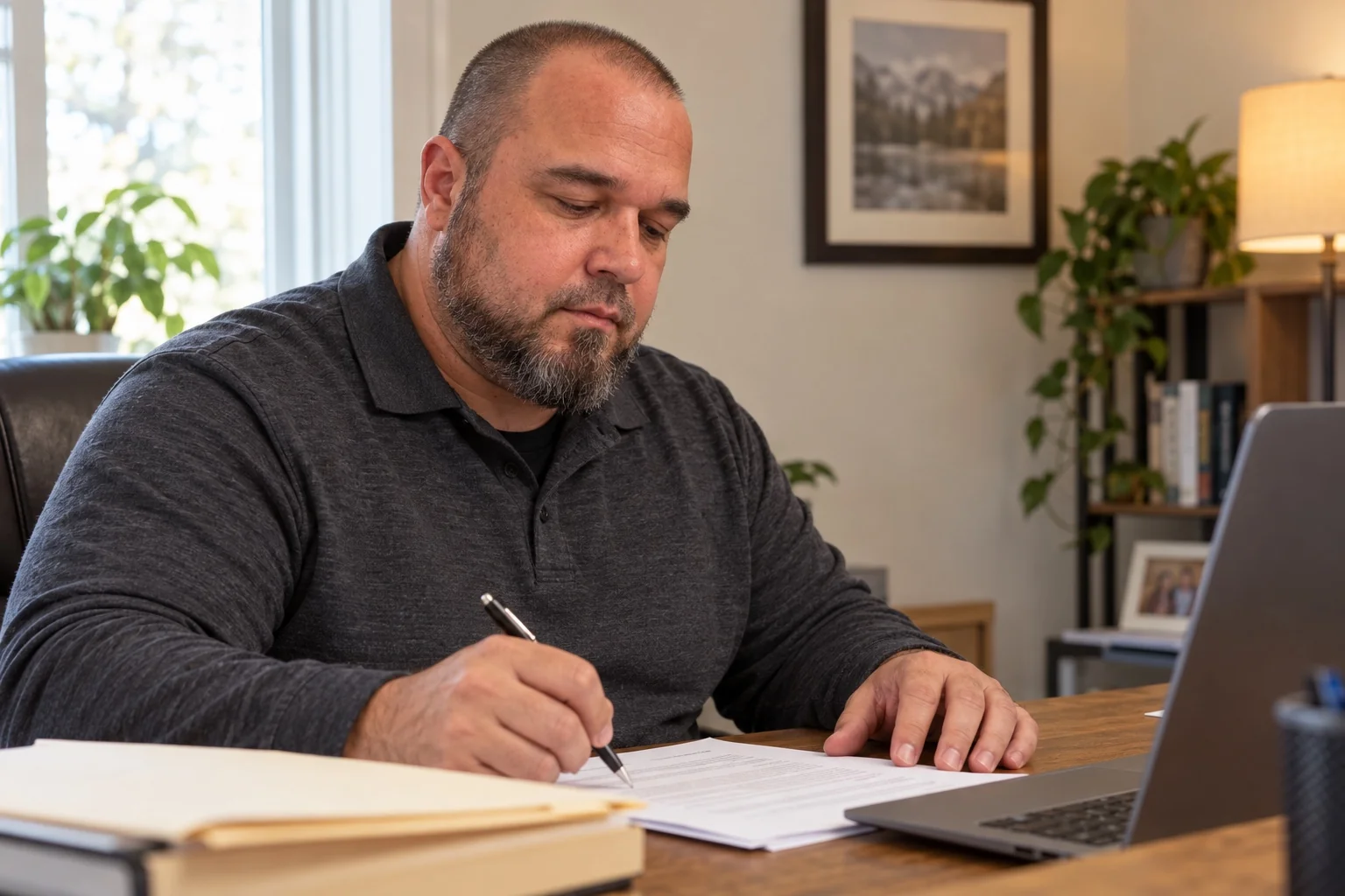 Andrew Youngker reviewing printed documents with a pen beside a laptop