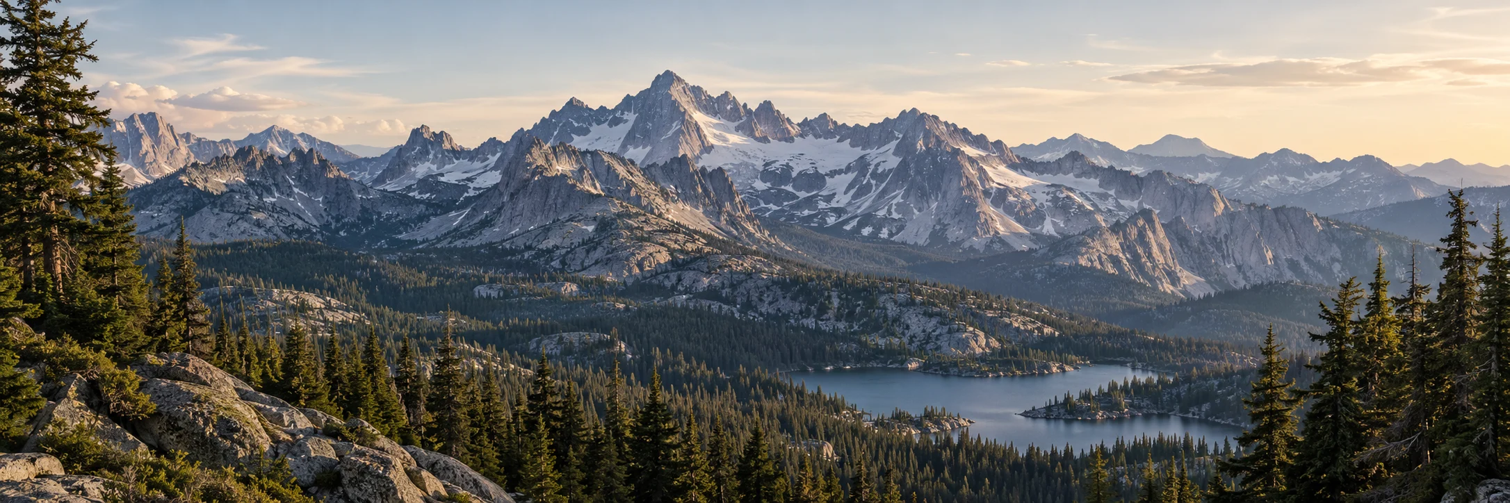 Sierra Nevada peaks above an alpine lake and evergreen forest